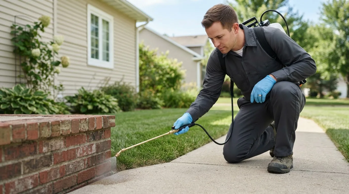 Pest control technician treating a home near Newburyport, MA